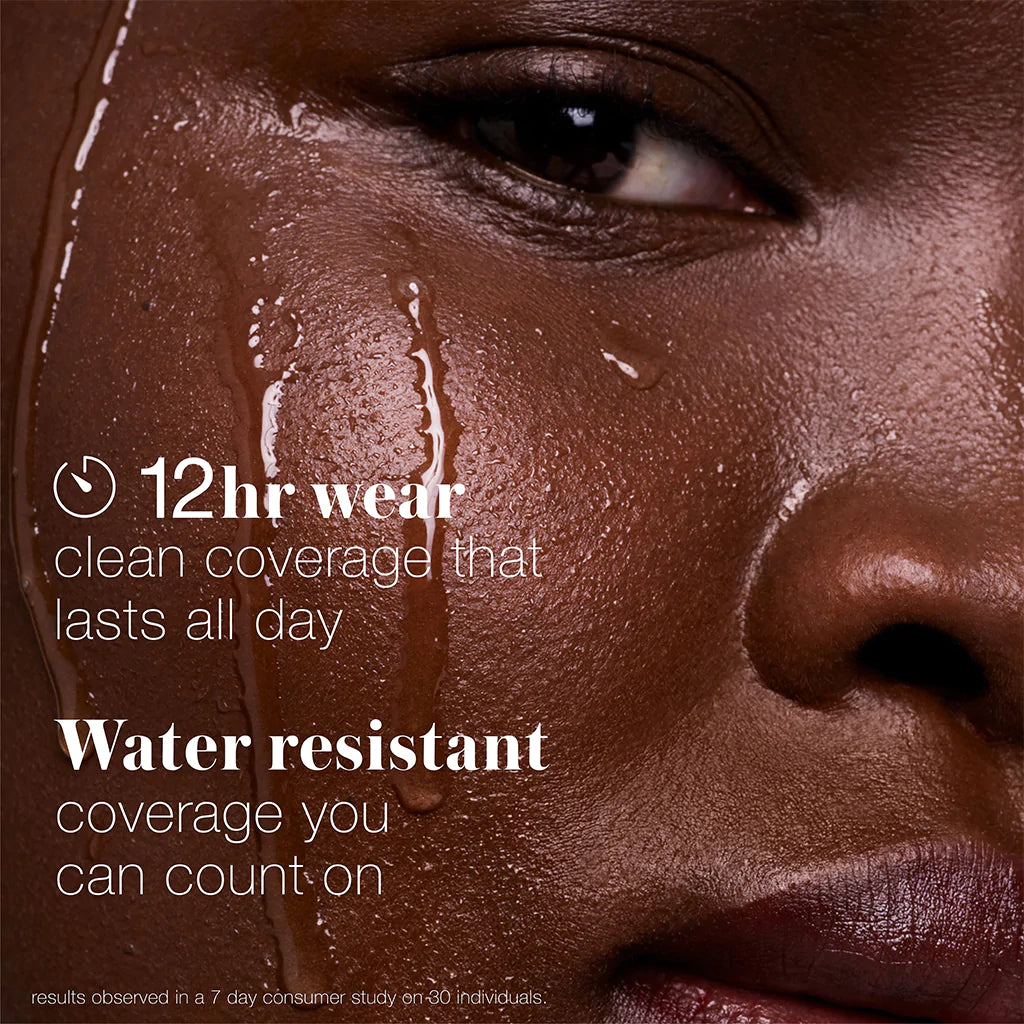 Close-up of a person's face with water droplets demonstrating the water-resistant feature of makeup.