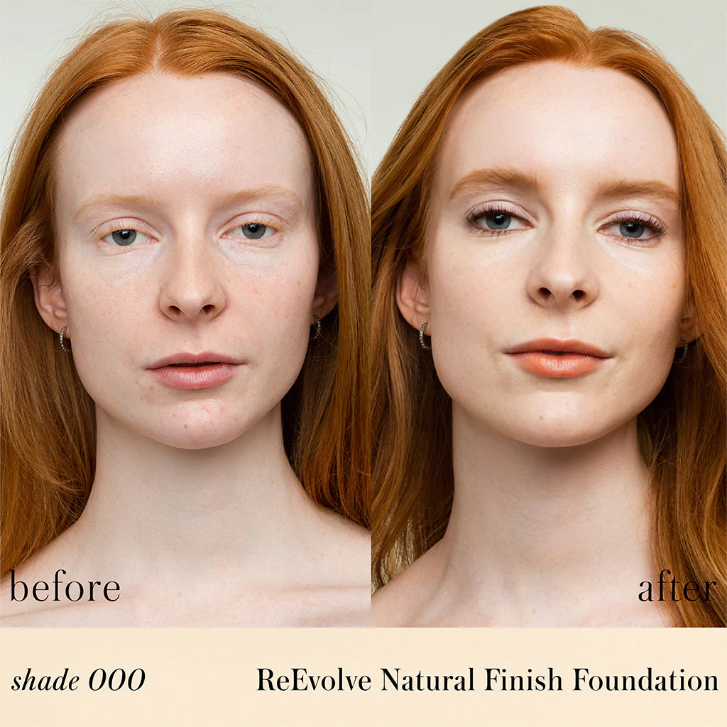 Before and after makeup application demonstrating the coverage and finish of reevolve natural finish foundation shade 000.