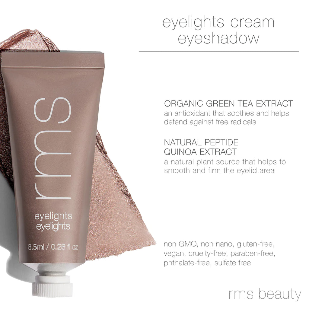 Cosmetic product display for rms beauty cream eyeshadow with ingredient highlights and brand logo.