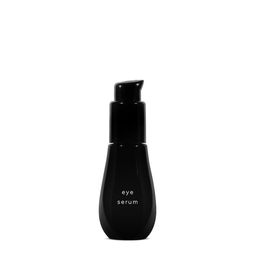 A black eye serum bottle with a pump dispenser on a white background.