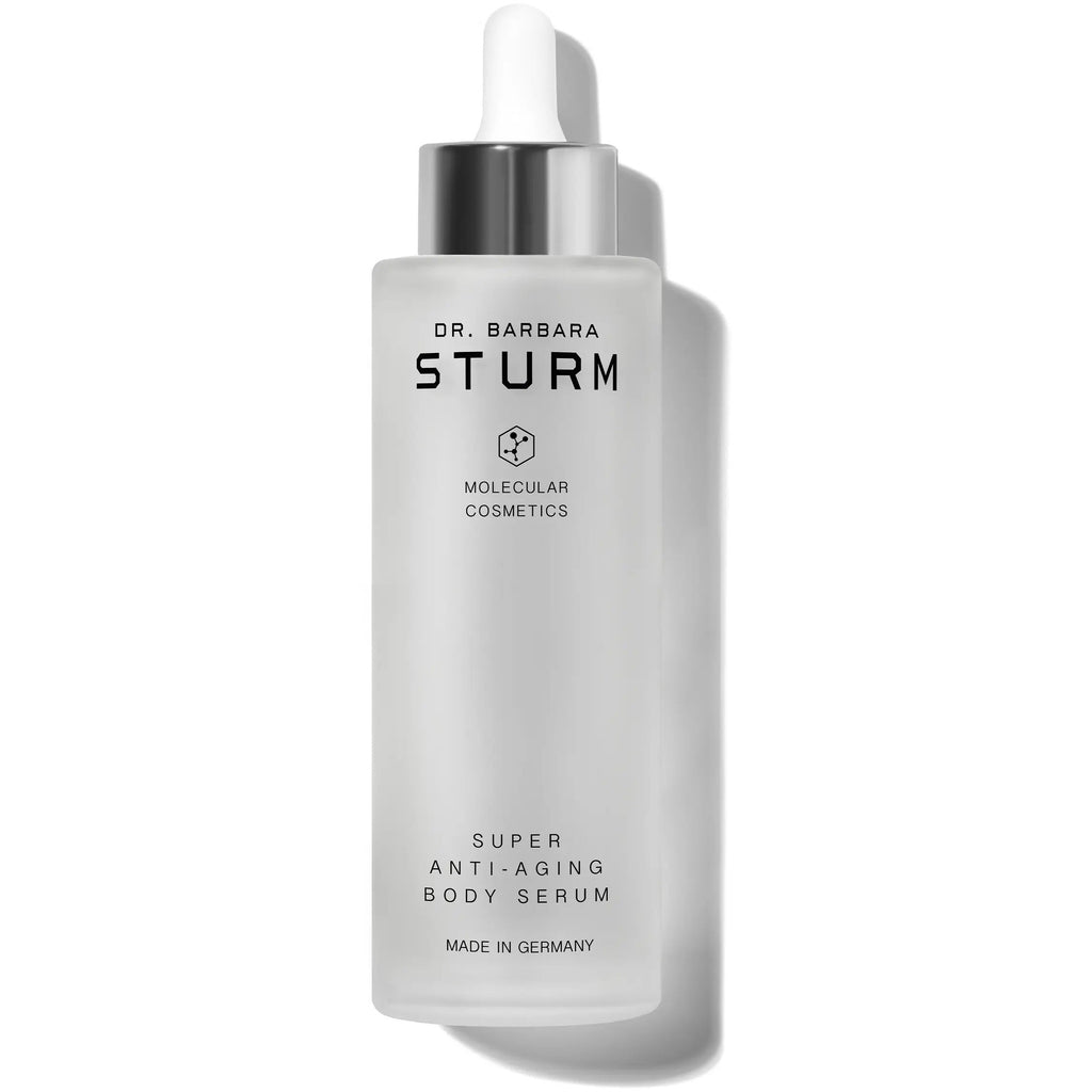 A bottle of dr. barbara sturm molecular cosmetics super anti-aging body serum.