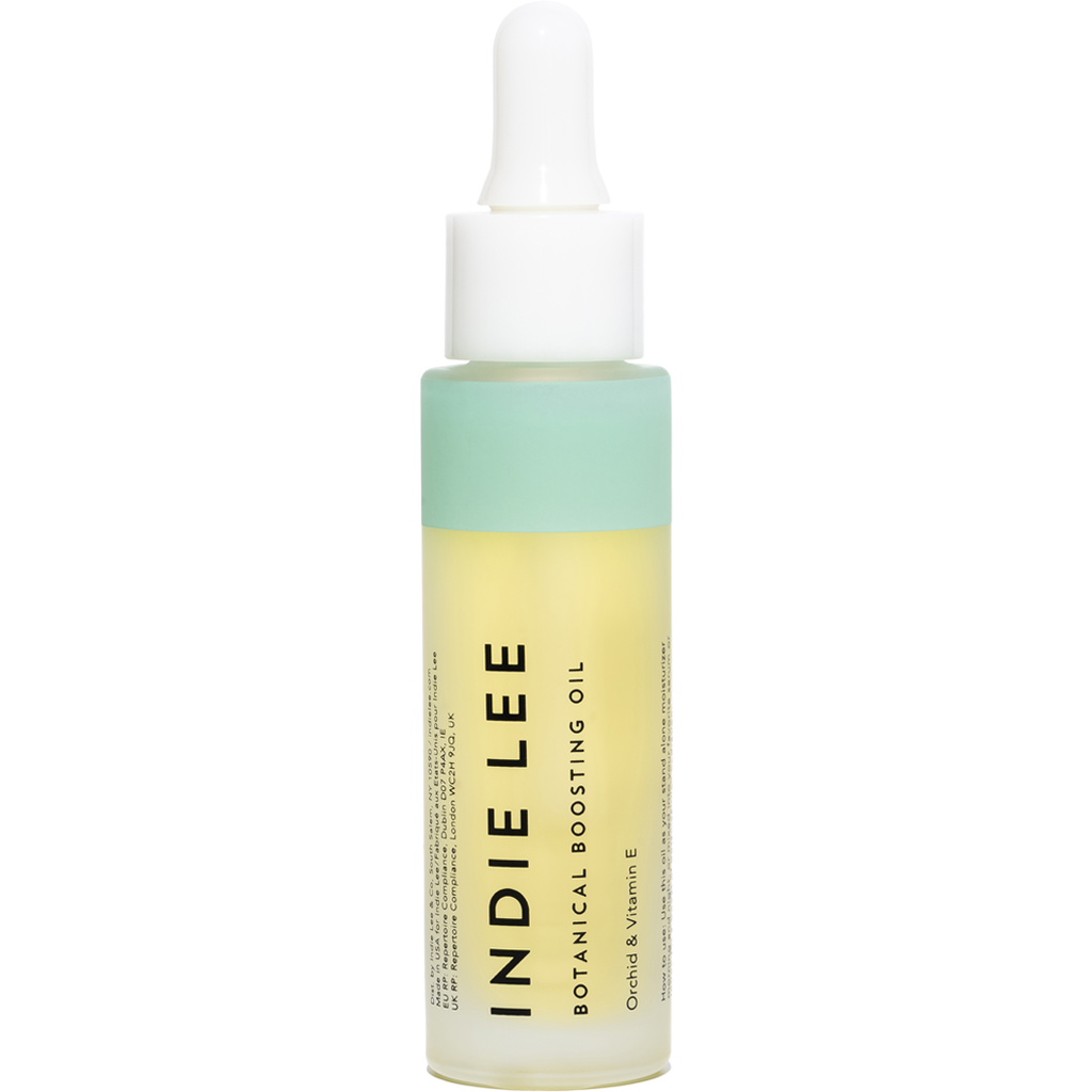 Bottle of indie lee botanical boosting oil with a dropper.