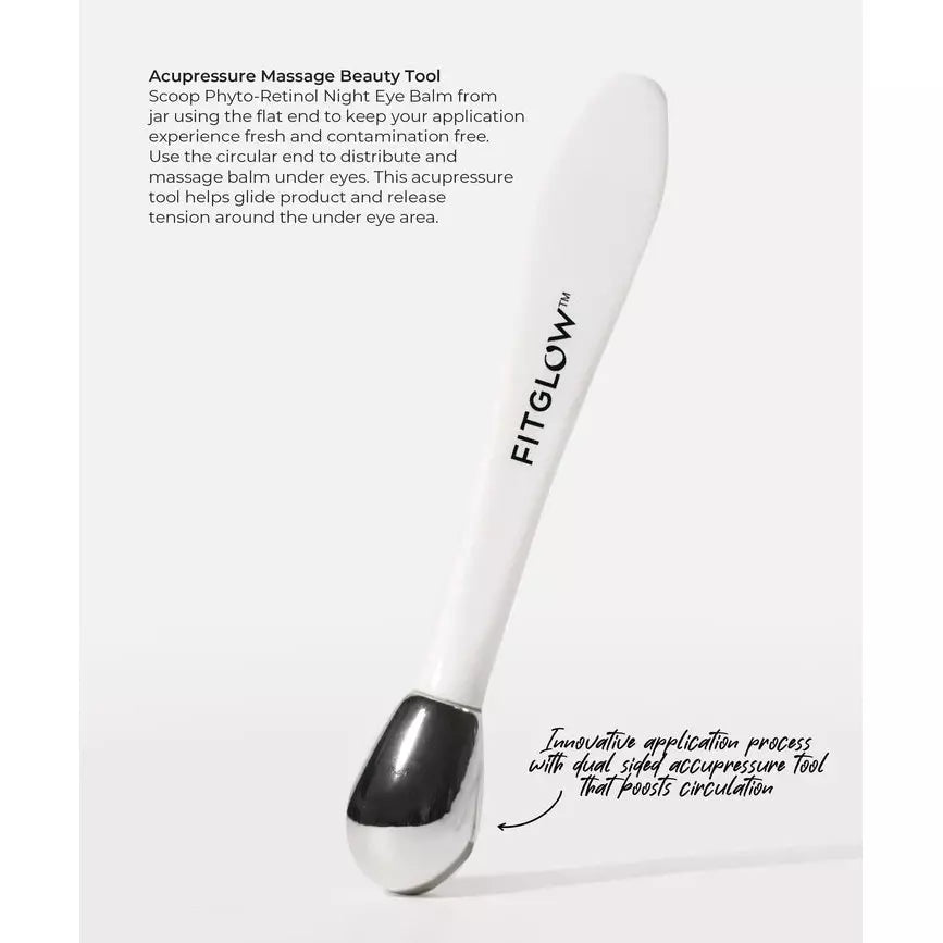 A white and silver acupressure massage tool for eye area on a light background with descriptive text about its usage and benefits.