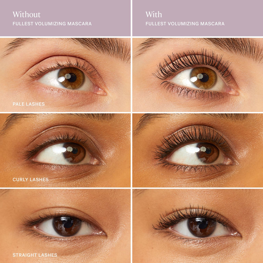 Comparison of eyelashes before and after applying volumizing mascara, showing differences in pale, curly, and straight lash types.