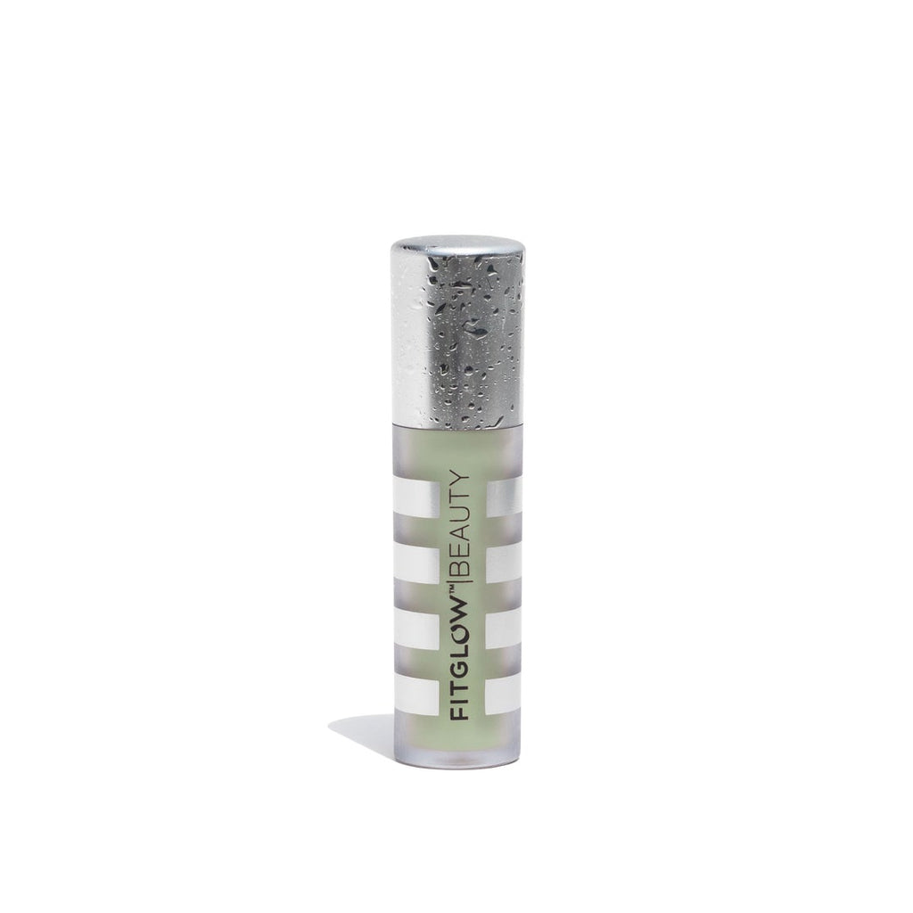 A moisturizing lip balm by fitglow beauty with a silver cap, isolated on a white background.