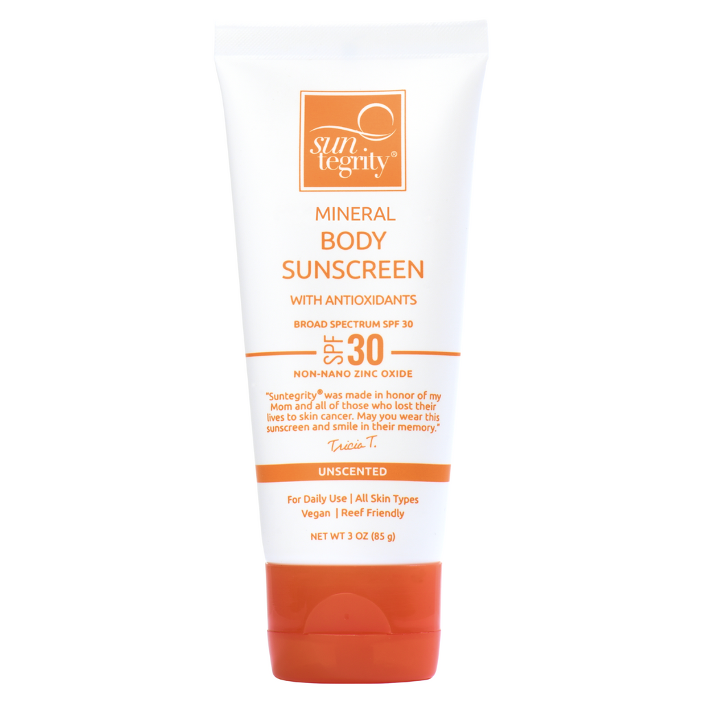 A tube of suntegrity mineral body sunscreen with spf 30, vegan and cruelty-free, for daily use on all skin types.