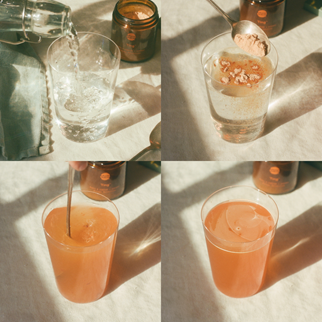 A four-part image sequence showing the preparation of a drink, starting with pouring liquid into a glass, adding a scoop of powder and toppings, stirring, and the final mixed beverage.