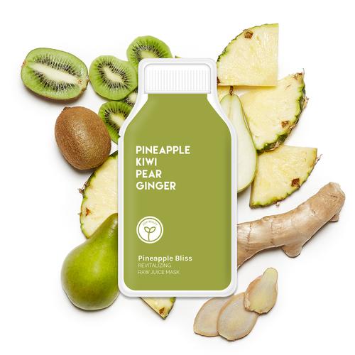 Bottle of pineapple, kiwi, pear, and ginger juice surrounded by fresh ingredients.