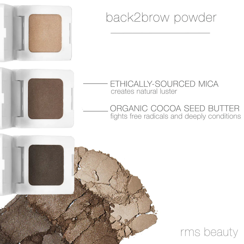 Assorted shades of back2brow powder by rms beauty, highlighting ethically-sourced ingredients and organic cocoa seed butter benefits.