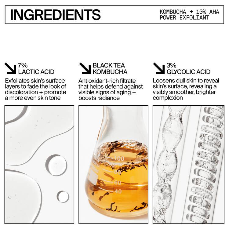 Infographic showcasing ingredients in skincare with their benefits: 7% lactic acid for exfoliation, black tea kombucha as an antioxidant, and 3% glycolic acid for skin.