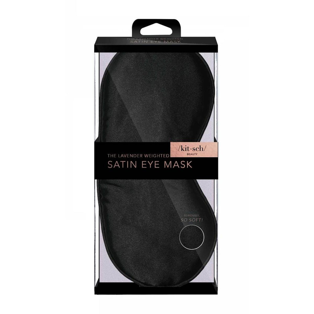 Black satin weighted eye mask in packaging.