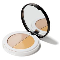 Compact makeup palette with four shades and a mirror.