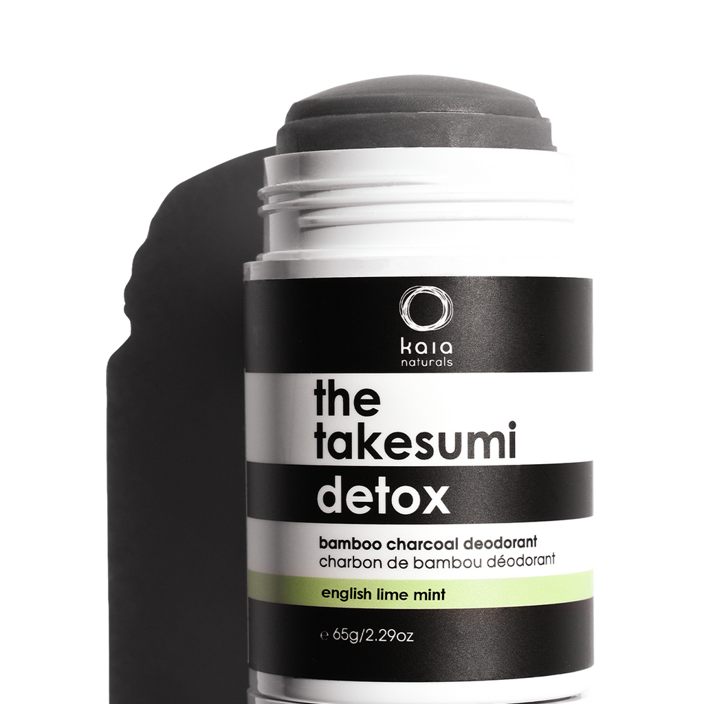 A container of takesumi detox bamboo charcoal deodorant with english lime mint fragrance.