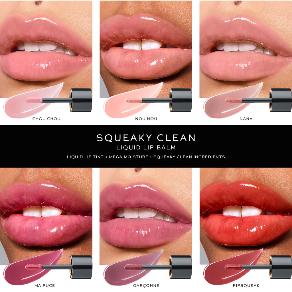 Nine panels showcasing various shades of liquid lip balm applied to lips, with corresponding cosmetic product tubes displayed in front of each pair of lips.