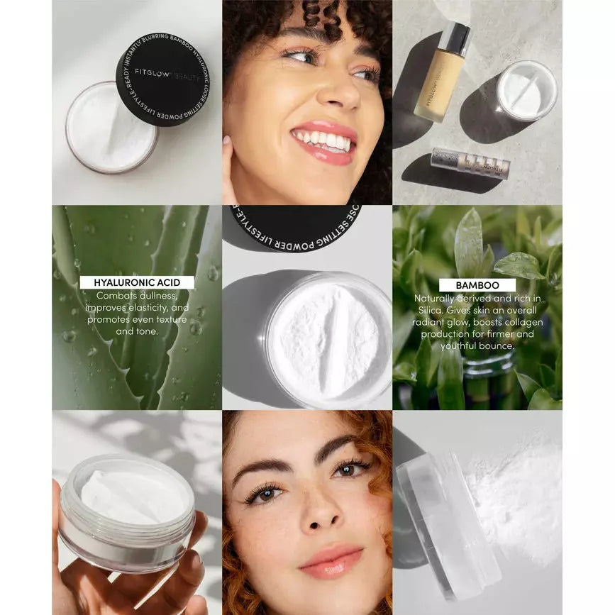 Collage showcasing skincare products with natural ingredients alongside images of smiling people with healthy-looking skin.
