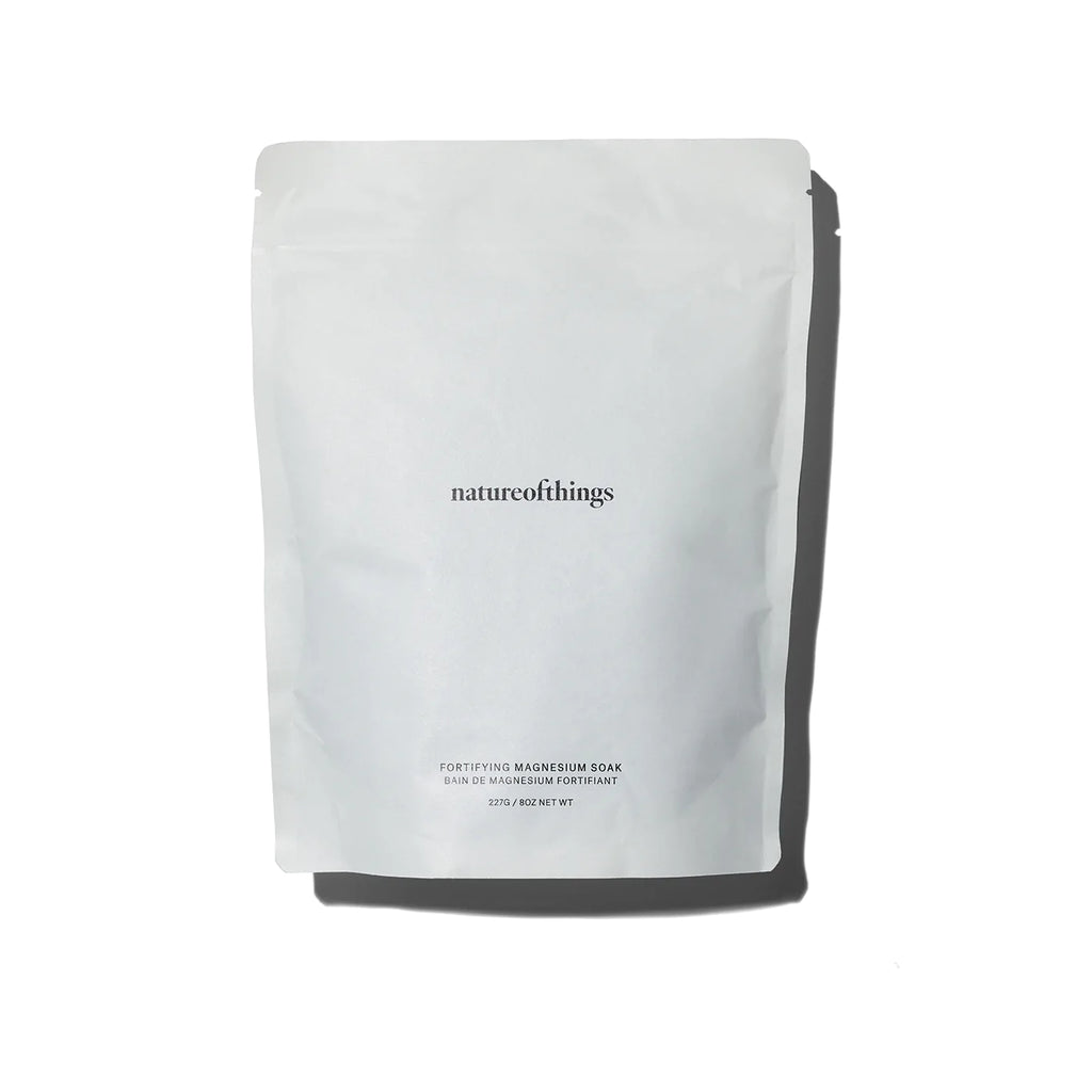 A pouch of "natureofthings fortifying magnesium soak" against a white background.