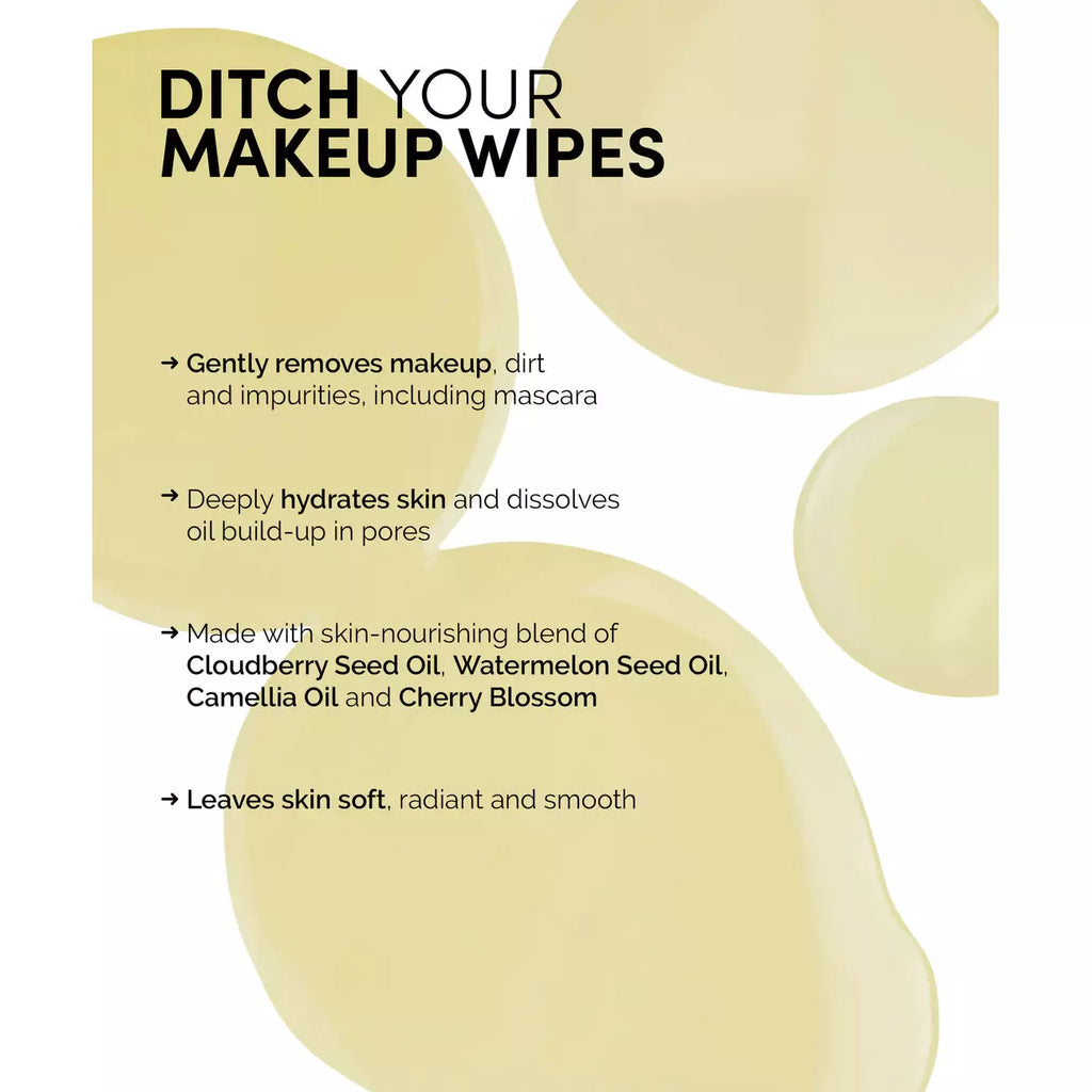Promotional graphic for a makeup remover highlighting its benefits, such as gentle removal of makeup, pore cleansing, and skin-nourishing ingredients.