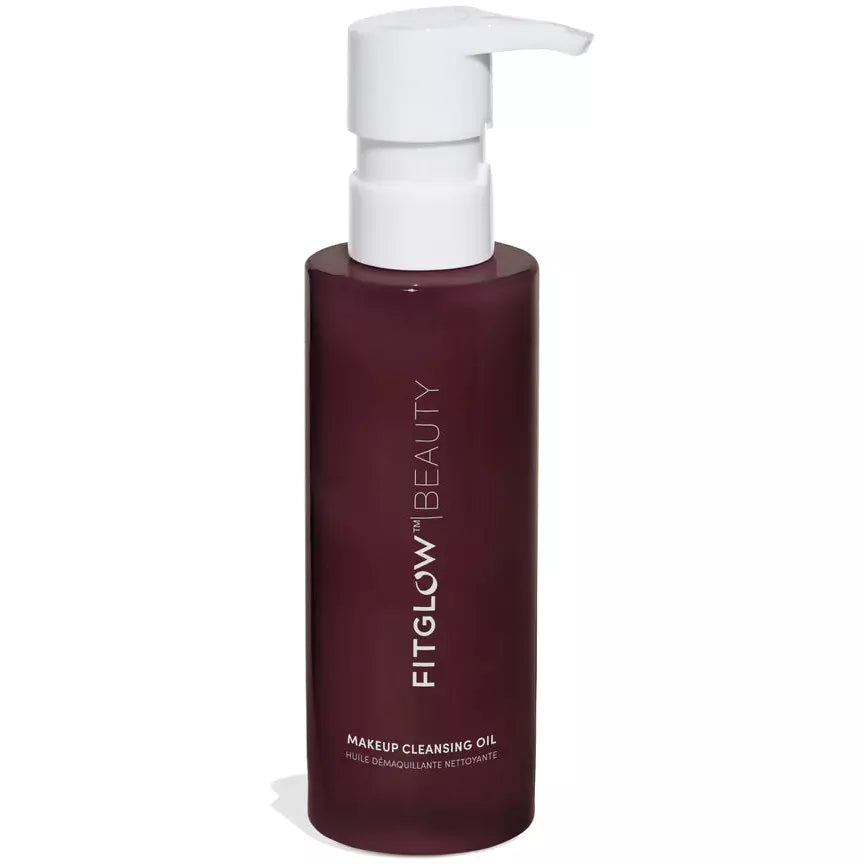 A bottle of fitglow beauty makeup cleansing oil with a pump dispenser.