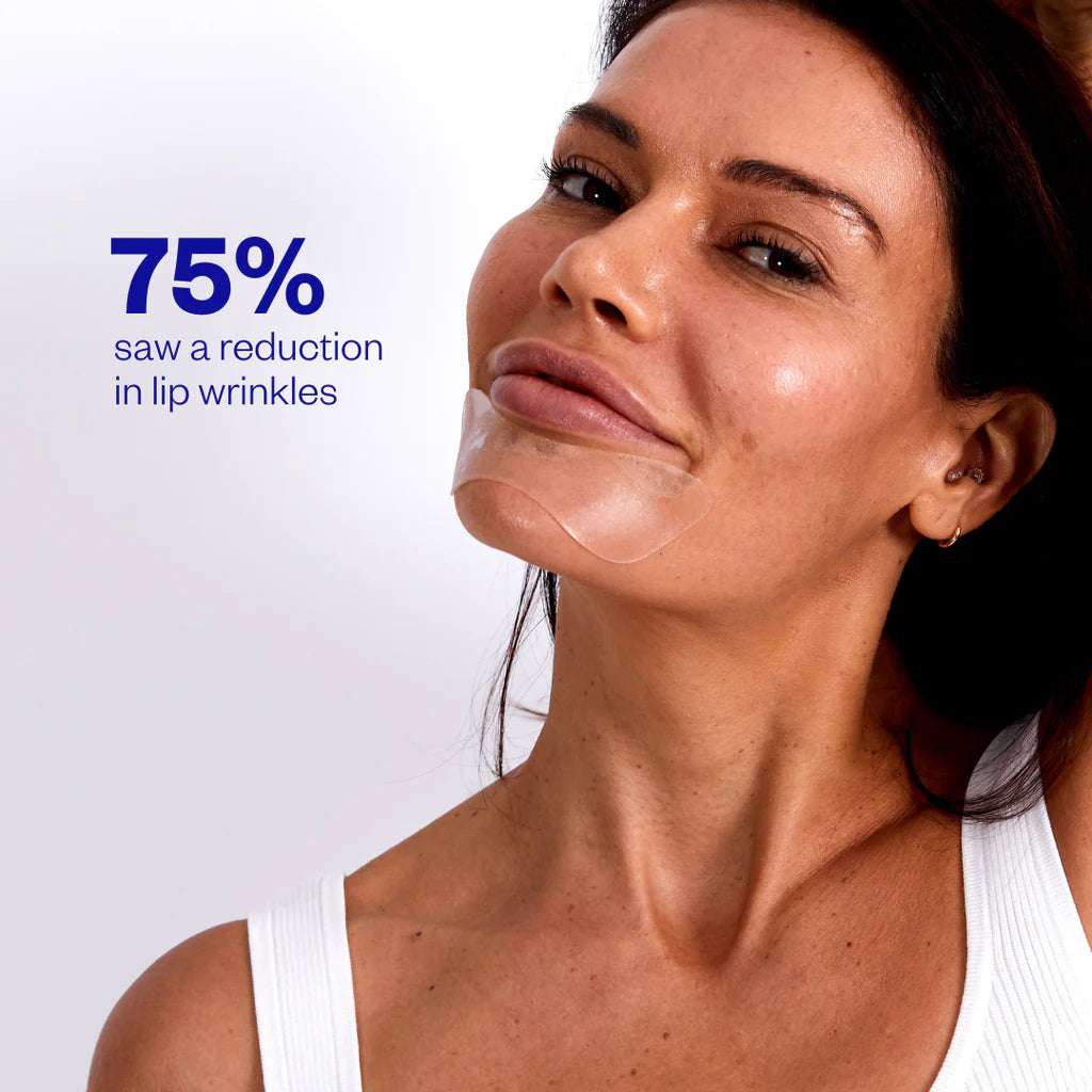 Woman with a clear facial patch on her chin, with a statistic claiming "75% saw a reduction in lip wrinkles.
