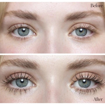 Comparison of eyelashes before and after mascara application.