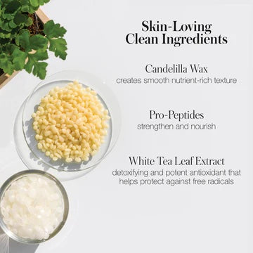 Advertisement showcasing skincare ingredients, highlighting the benefits of candelilla wax, pro-peptides, and white tea leaf extract for skin health.