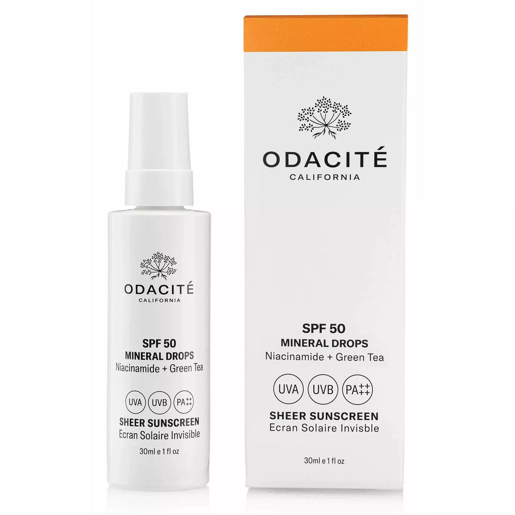 A bottle of odacite mineral sunscreen spf 50 with an accompanying product box.