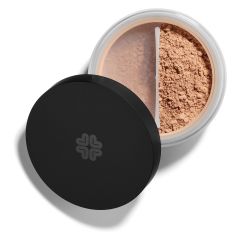 Loose powder foundation in a container with a black lid.