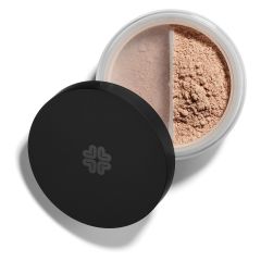 Open container of loose powder cosmetic product with a black lid.