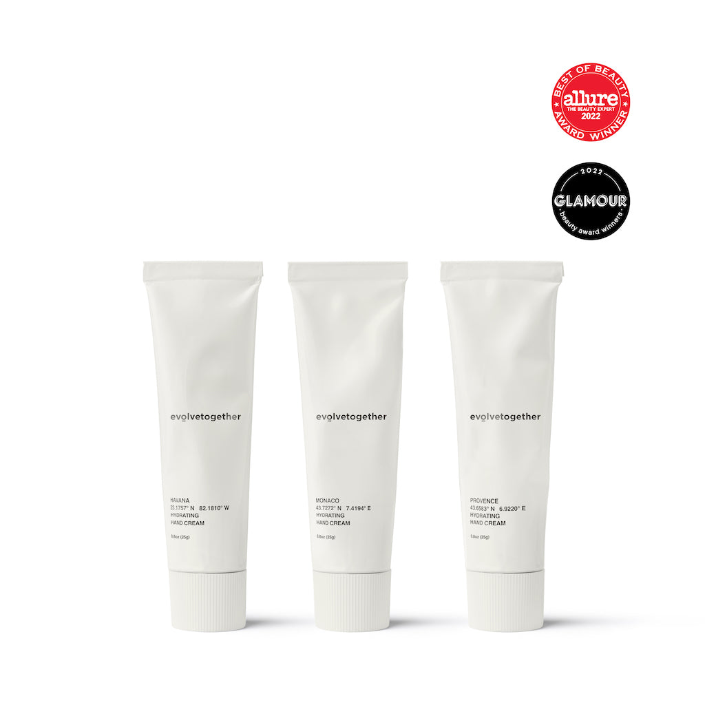 Three tubes of evolve together skincare products against a white background, displaying awards from allure and glamour.
