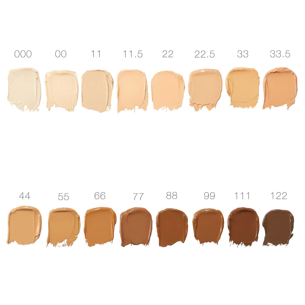Range of foundation shades displayed in numerical order from light to dark.