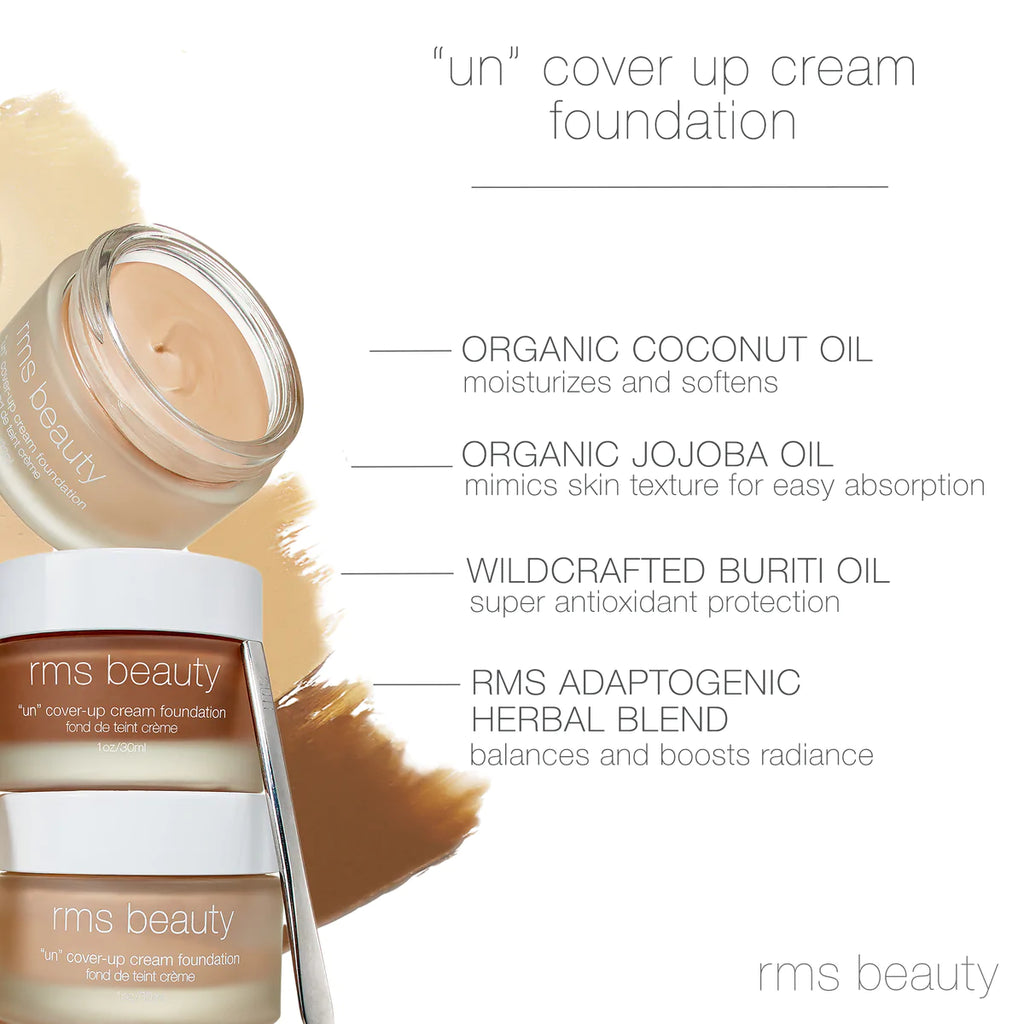 An advertisement for rms beauty's "un" cover-up cream foundation, highlighting its natural ingredients and skin benefits.