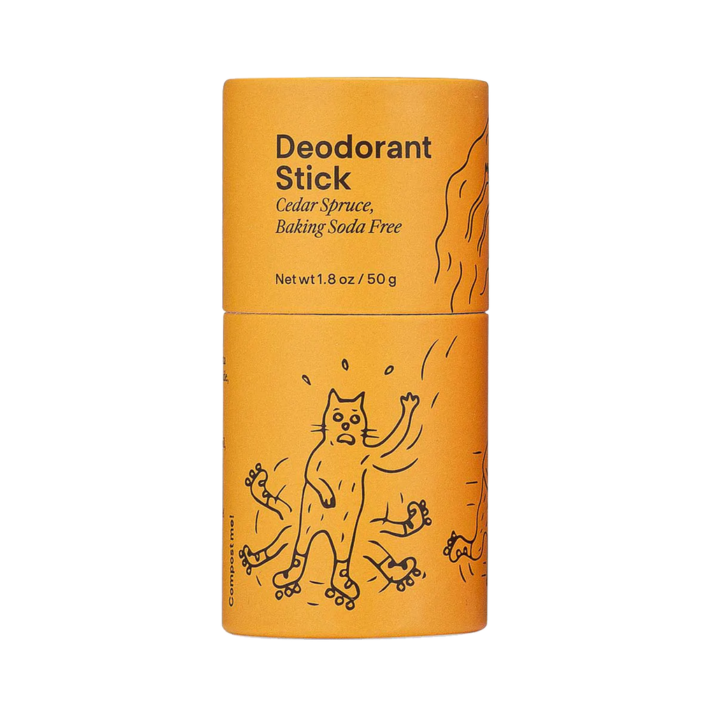 A cedar spruce deodorant stick packaging with whimsical cat illustrations.