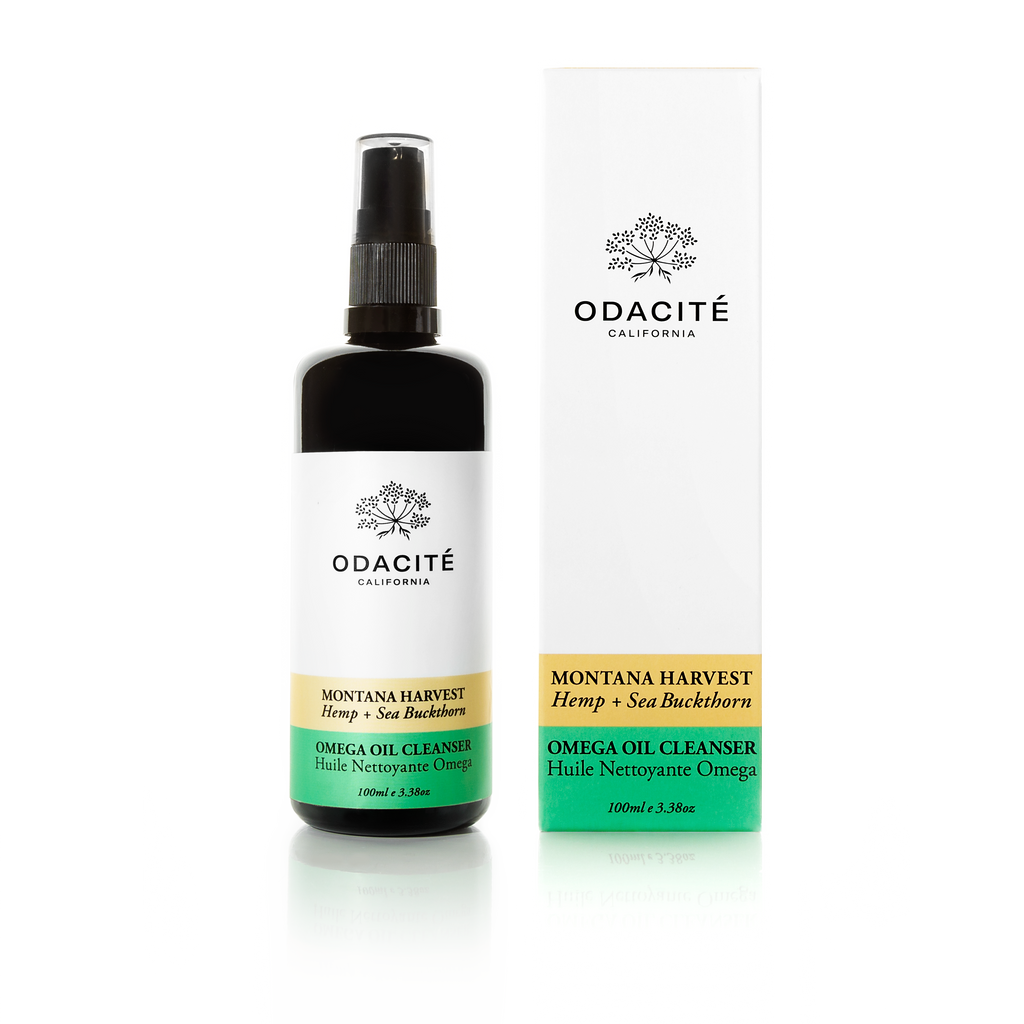 Product presentation of odacite montana harvest omega oil cleanser with packaging.