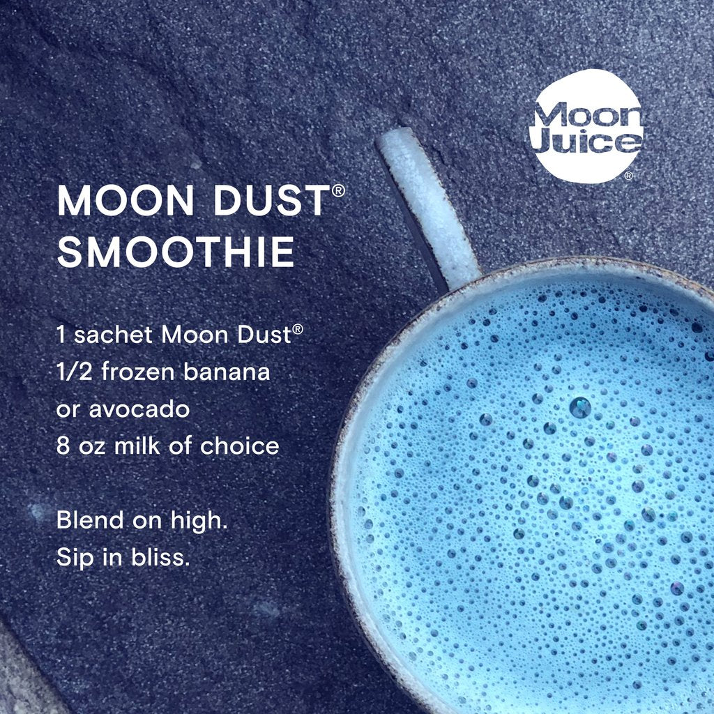 A cup of blue smoothie with a recipe for "moon dust smoothie" including moon dust sachet, frozen banana, avocado, and milk of choice, with the tagline "blend on high.