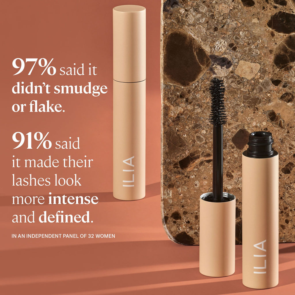 Advertisement for ilia mascara highlighting that 97% of users said it didn't smudge or flake, and 91% reported more intense and defined lashes based on a panel of 32 women.