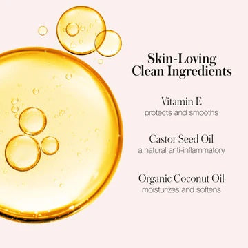 Golden oil droplets with skincare benefits highlighted: vitamin e, castor seed oil, and organic coconut oil.
