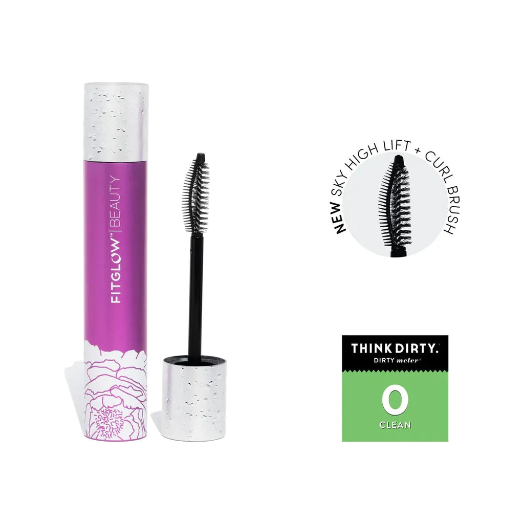 Mascara product display with open packaging, highlighting brush design and a clean ingredients certification label.