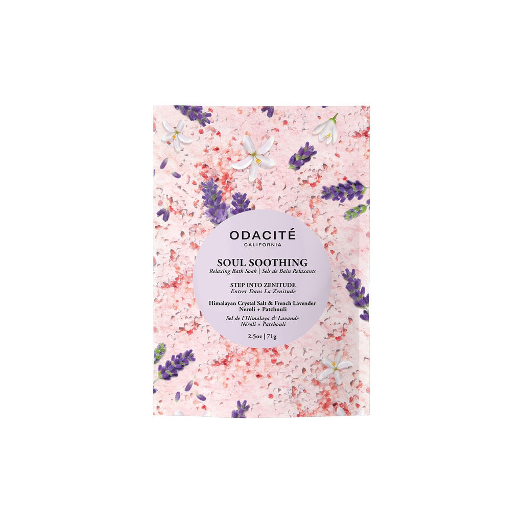 Odacite soul soothing bath soak packaging with himalayan crystals and fresh lavender on a floral background.