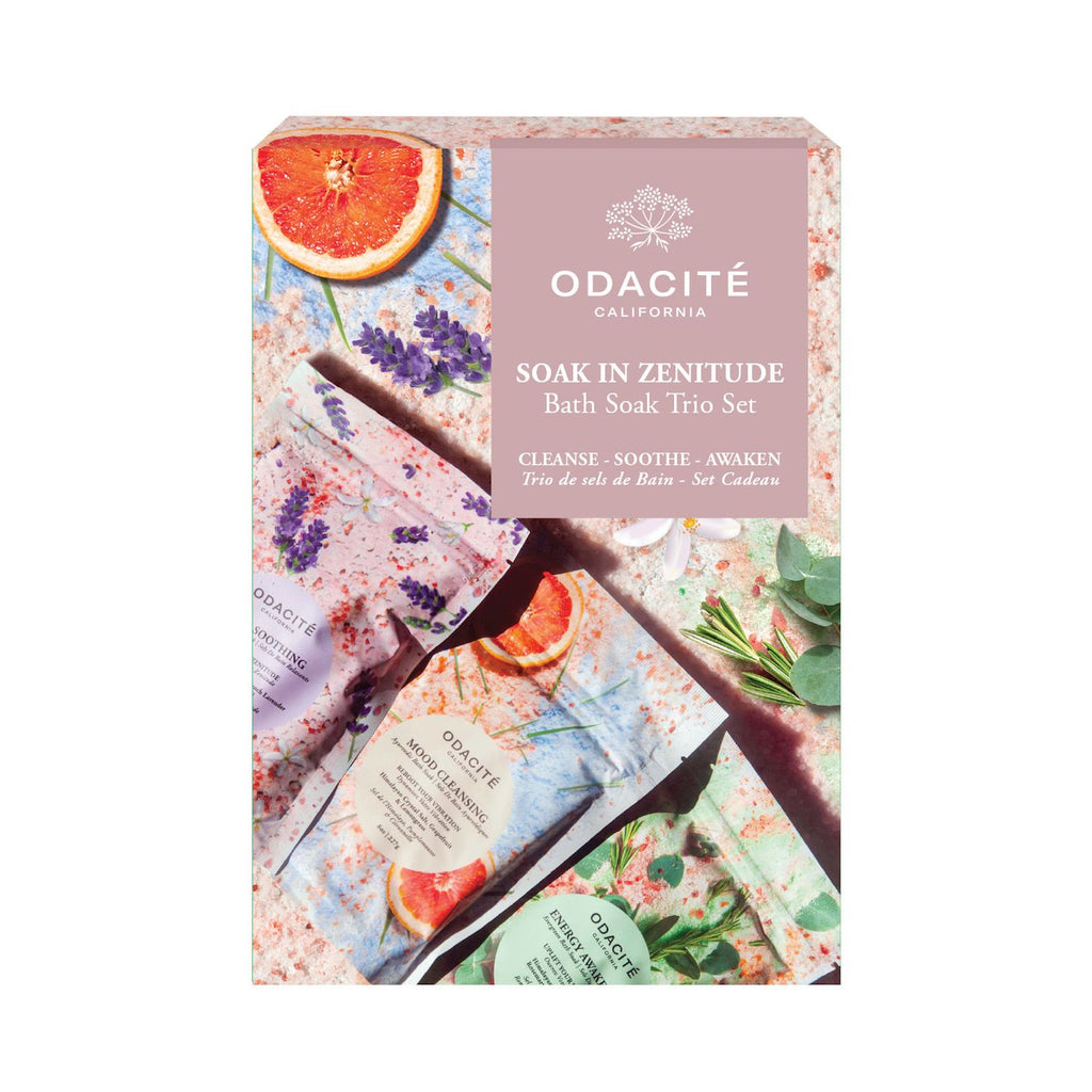 Product packaging for "odacite california soak in zenitude bath soak trio set," featuring three types of bath soaks with botanical ingredients.