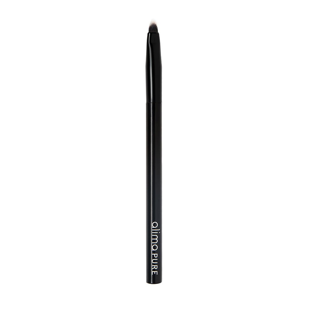 A black angled eyeliner brush with a brand logo on the handle.