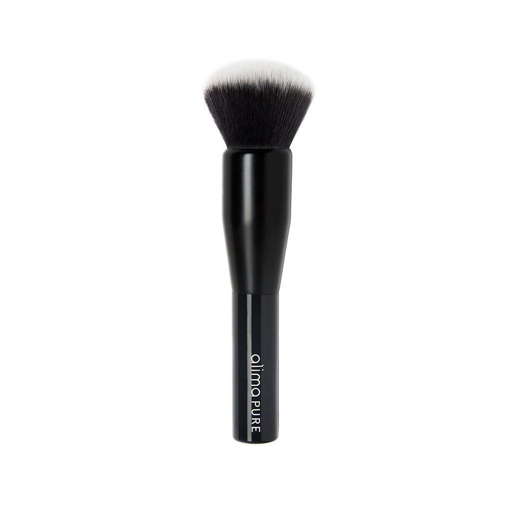 Black makeup brush with synthetic bristles isolated on white background.
