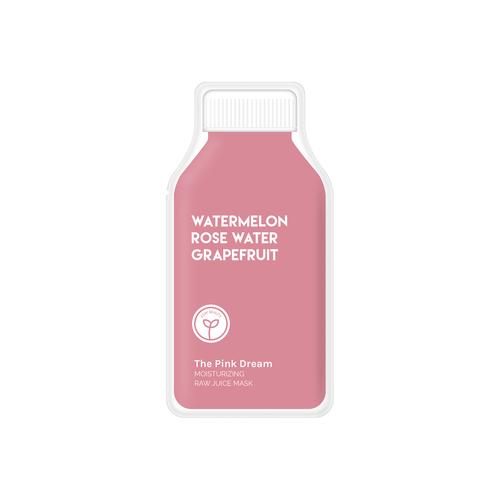 A bottle of juice labeled "watermelon rose grapefruit - the pink dream.