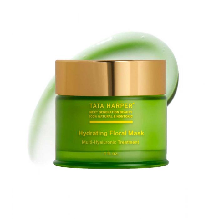 A jar of tata harper hydrating floral mask against a white background.