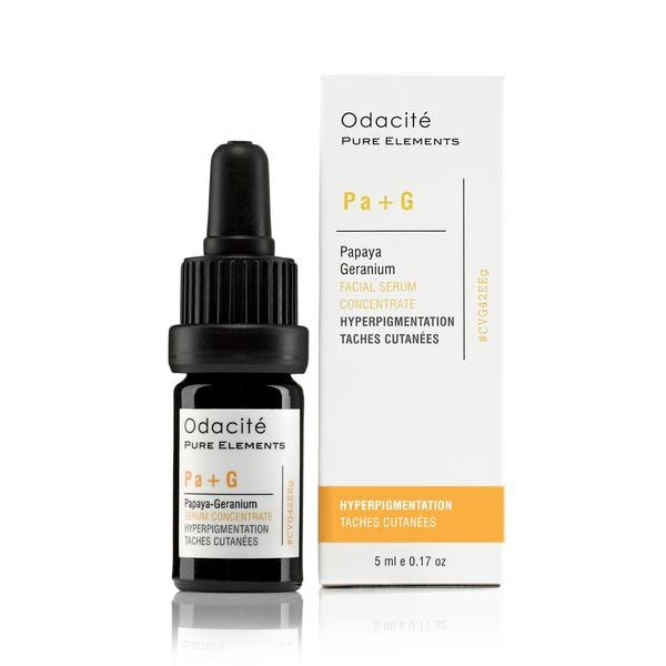 Odacite facial serum with papaya and geranium for hyperpigmentation, including product packaging.