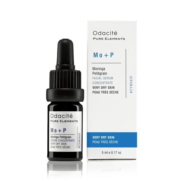 Odacite moringa-petitgrain serum concentrate packaging and bottle for very dry skin, 5 ml size.