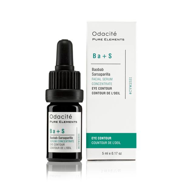 Bottle and box of odacite ba+s eye contour serum with baobab sarsaparilla.