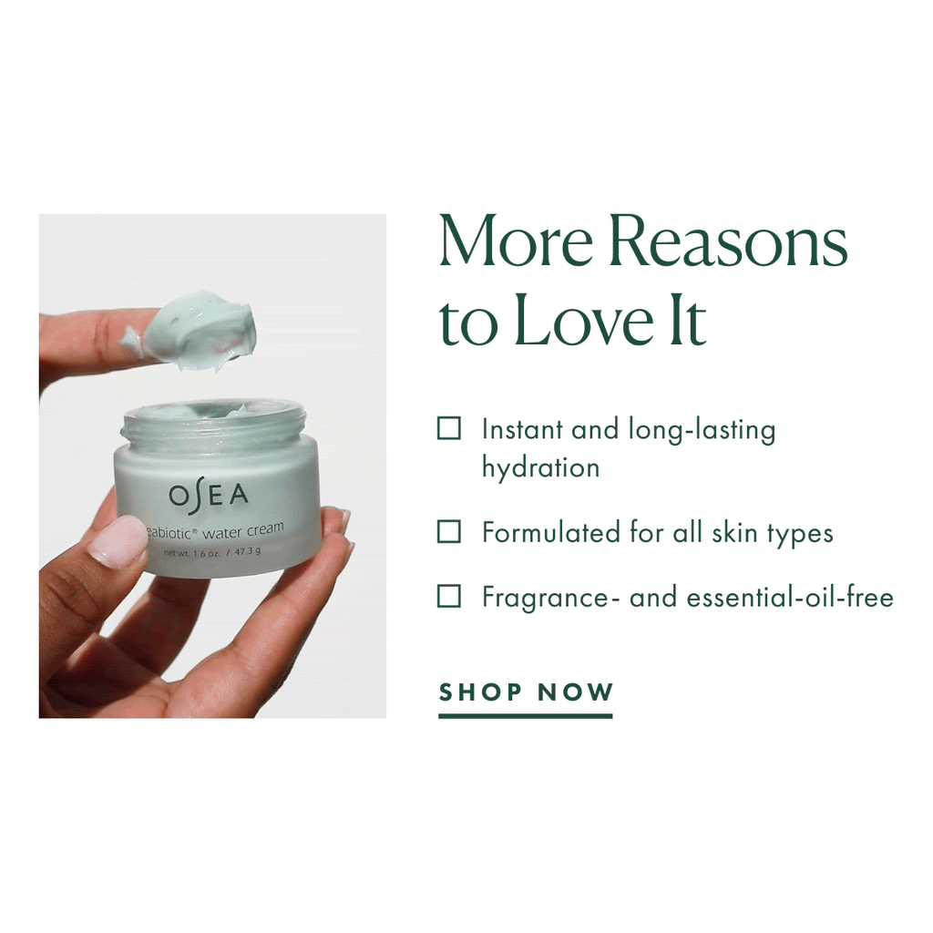 Hands holding an open jar of osea ocean cream with a dollop of product on the lid, alongside bullet points highlighting its hydration benefits and suitability for all skin types, with a call-to-action to.