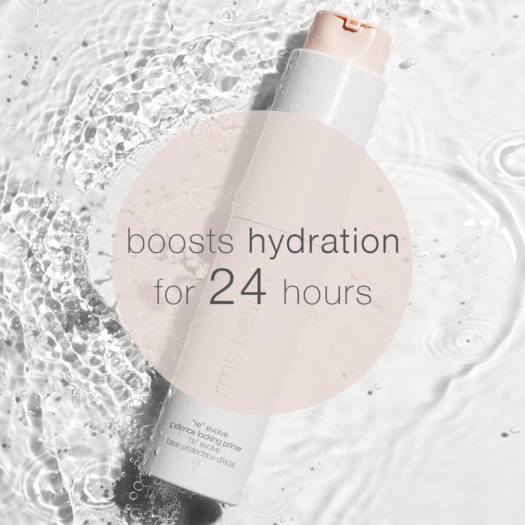 A skincare product against a backdrop of water droplets, promoting 24-hour hydration benefits.