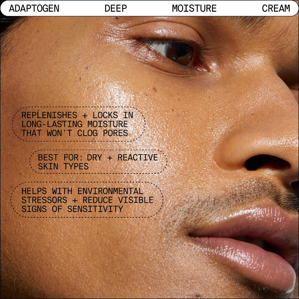 Close-up of a person's face focusing on the skin texture to highlight the benefits of a moisturizing cream.