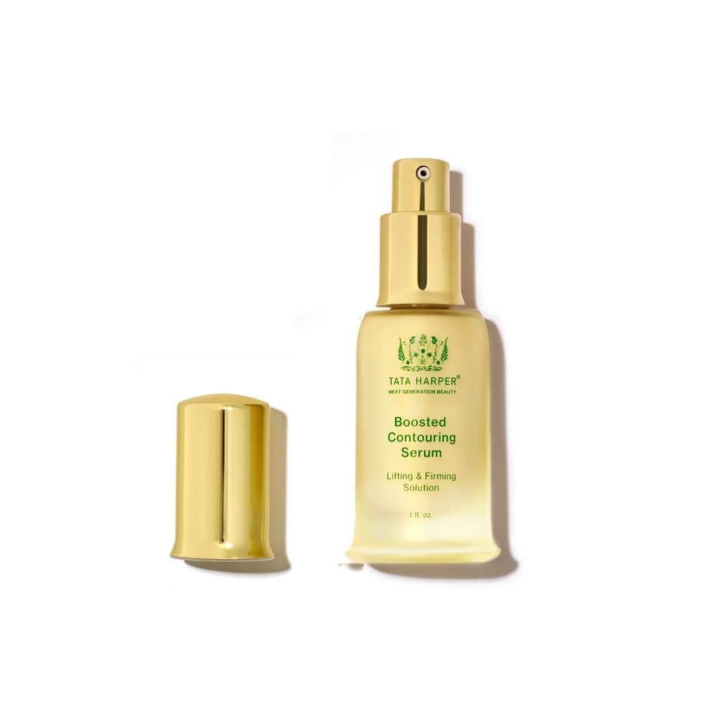 A bottle of tata harper boosted contouring serum with its cap off against a white background.